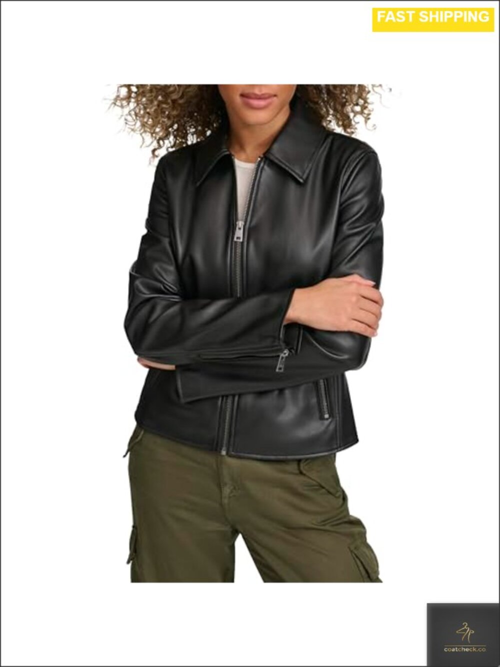 Faux Leather Racer Jacket with Laydown Collar and Zip Closure